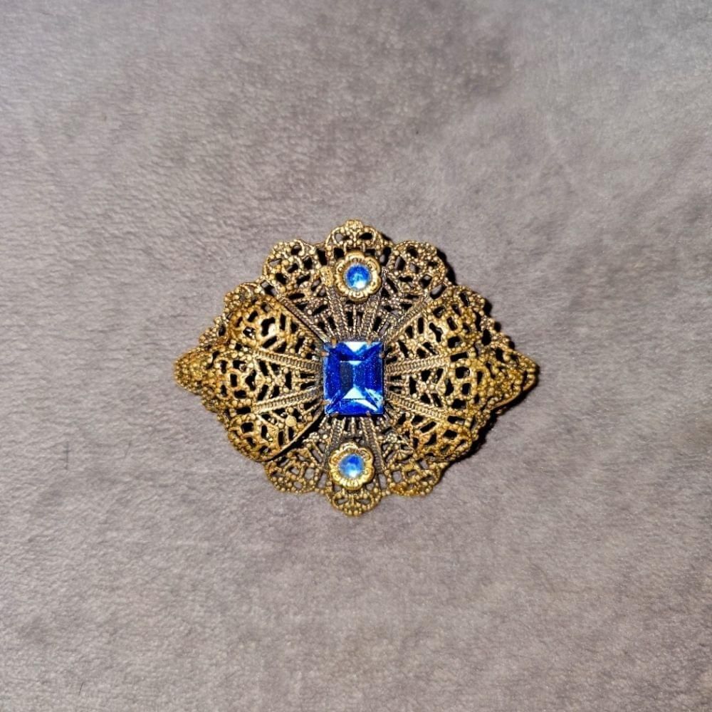 Antique Vintage Brass Filigree‎ Brooch With Blue stones